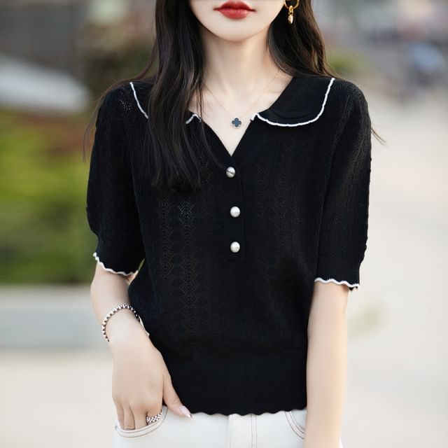 Faux Pearl Button Contrast Trim Collared Cable Knit Tee