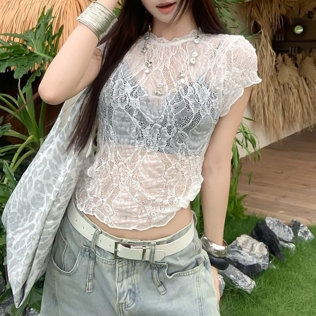 Crew Neck Lace See-Through Crop Tee
