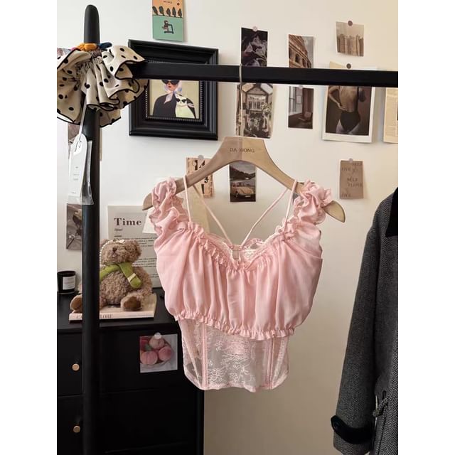 Ruffle Trim Cold Shoulder Lace Crop Top
