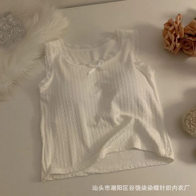 Scoop Neck Textured Lace Trim Top