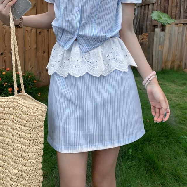 Contrast Collar Striped Shirt & Eyelet Ruffle A-Line Skirt Set