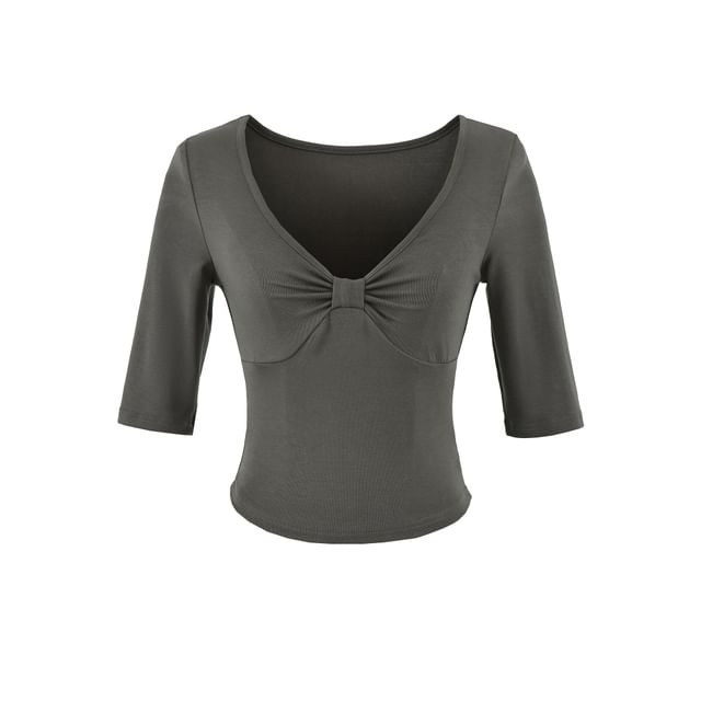Ruched Elbow-Sleeve V-Neck Crop Tee