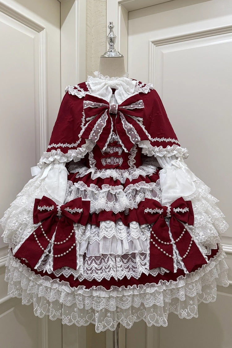 Burgundy Crossed Heart Knot Sleeveless Layered Ruffle Hanayome Cardigan Bow Lace Lace-Up Sweet Lolita JSK Dress