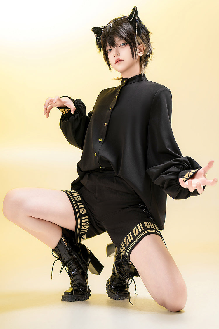 Long Sleeve Embroidered Ouji Gothic Blouse - Black Cat