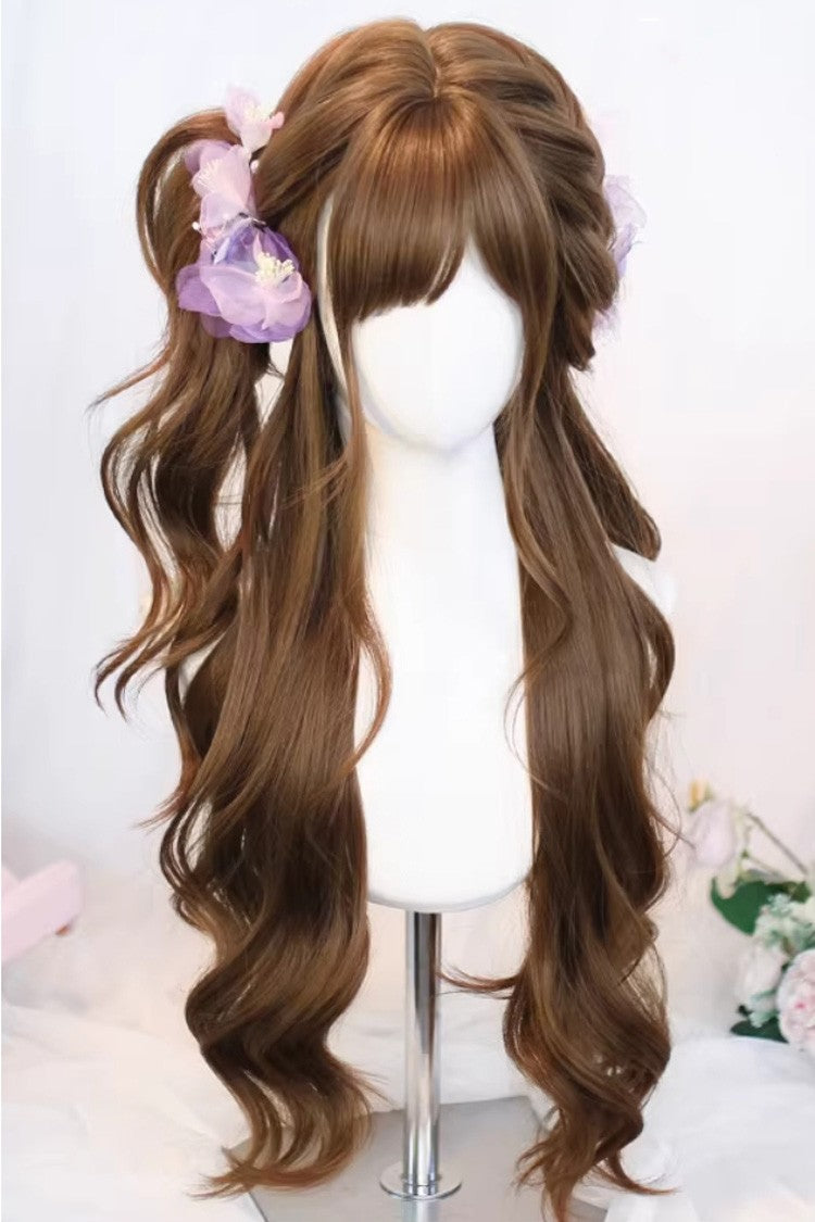 Japanese Lazy Vibe Brown Long Wavy Sweet Lolita Wig with Airy Bangs