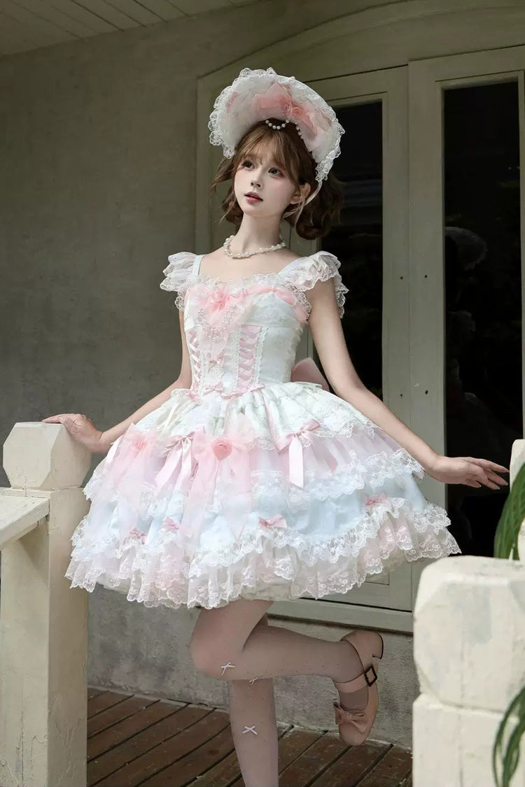 Pink Shadow Veil Square Collar Flutter Sleeves Multi-Layered Bow Lace Sweet Lolita Jsk Dress