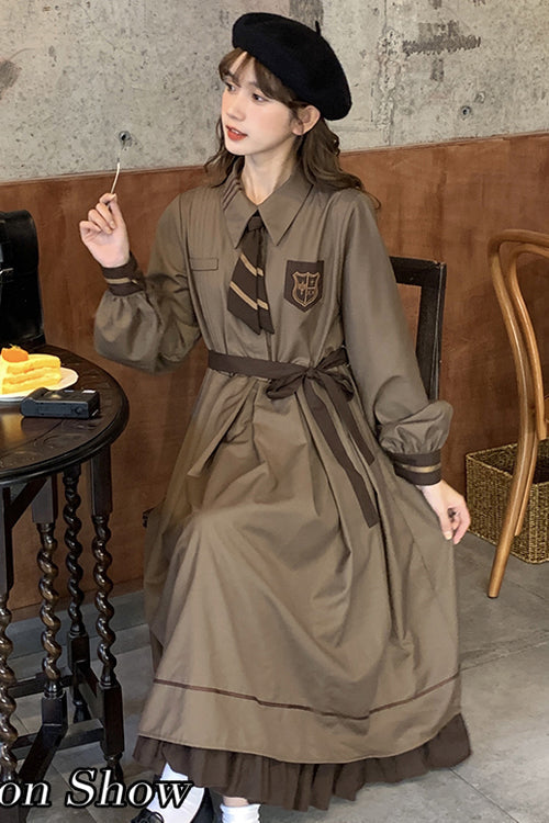 Vintage College Style Lapel Collar Long Sleeves Double Paneled Hem Sweet Lolita Dress