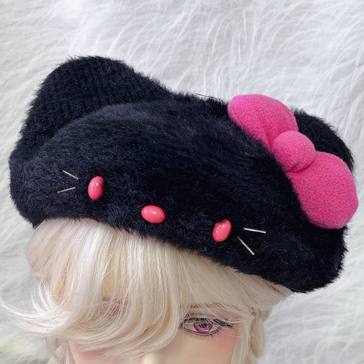 Black/White Kitty Ears Bowknot Beret