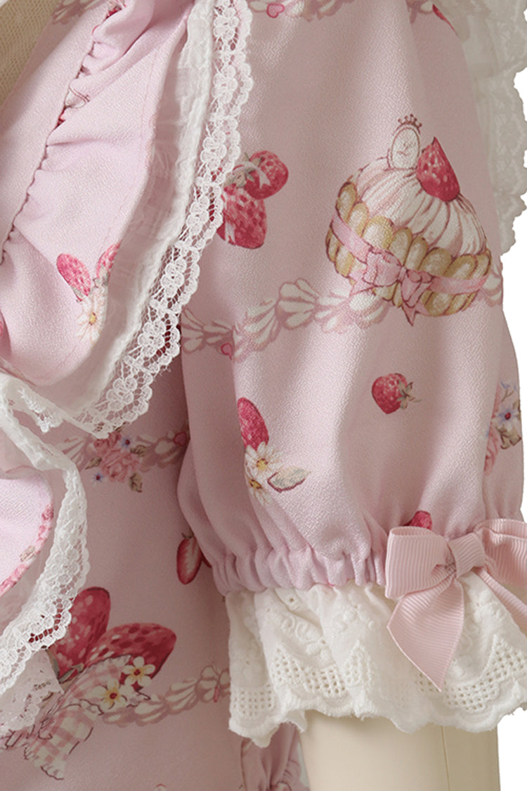 Creamy Berry Print Short Puff Sleeve Ruffle Lace-Up Jirai Kei Dress