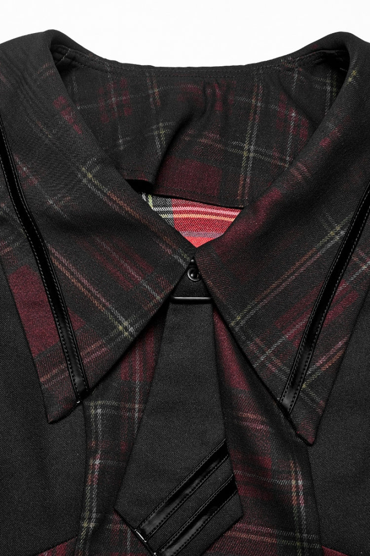 Crimson Noir Detachable Lace-Up Lantern-Sleeve Plaid Punk College Dress
