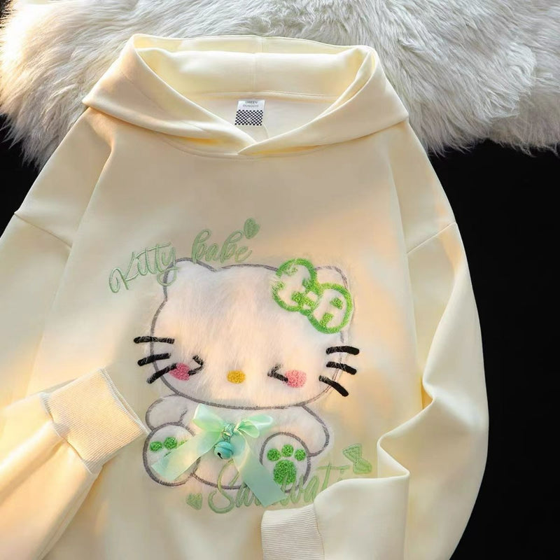 Kitty Embroidery Flocking Small Ears Hooded Sweater KI589