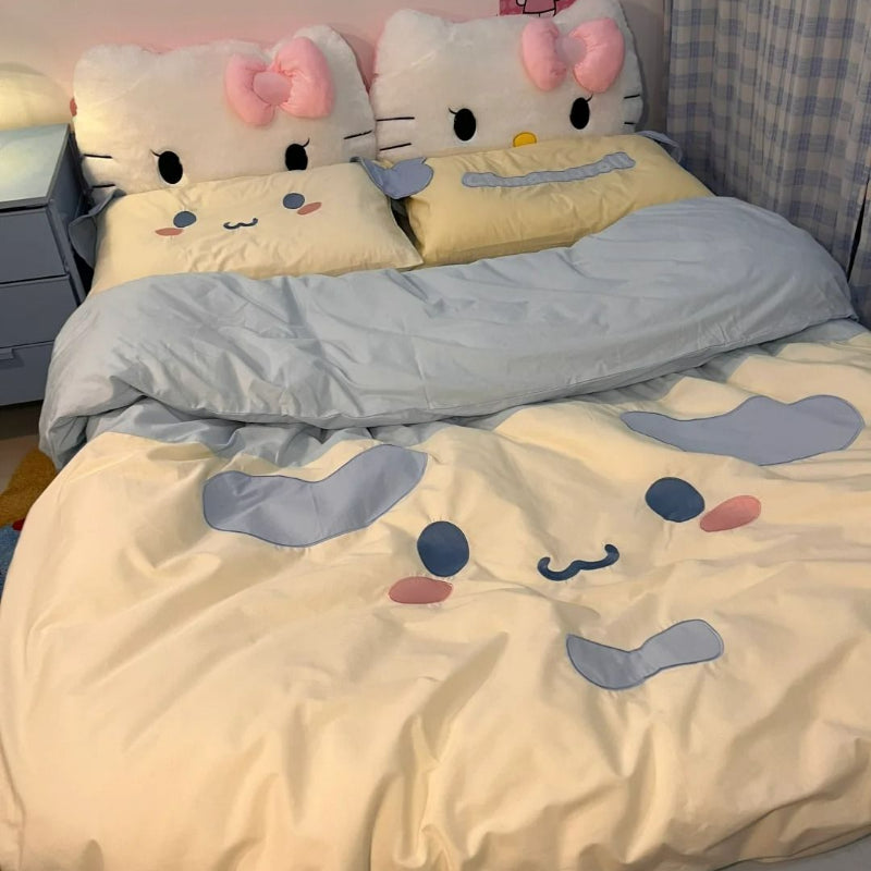 Parure de lit avec draps et cœurs à motif de chat de dessin animé KI538