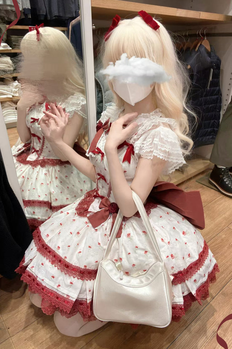 Burgundy First Love Rose Layered Print Ruffle Bow Lace Sweet Lolita JSK Dress Set