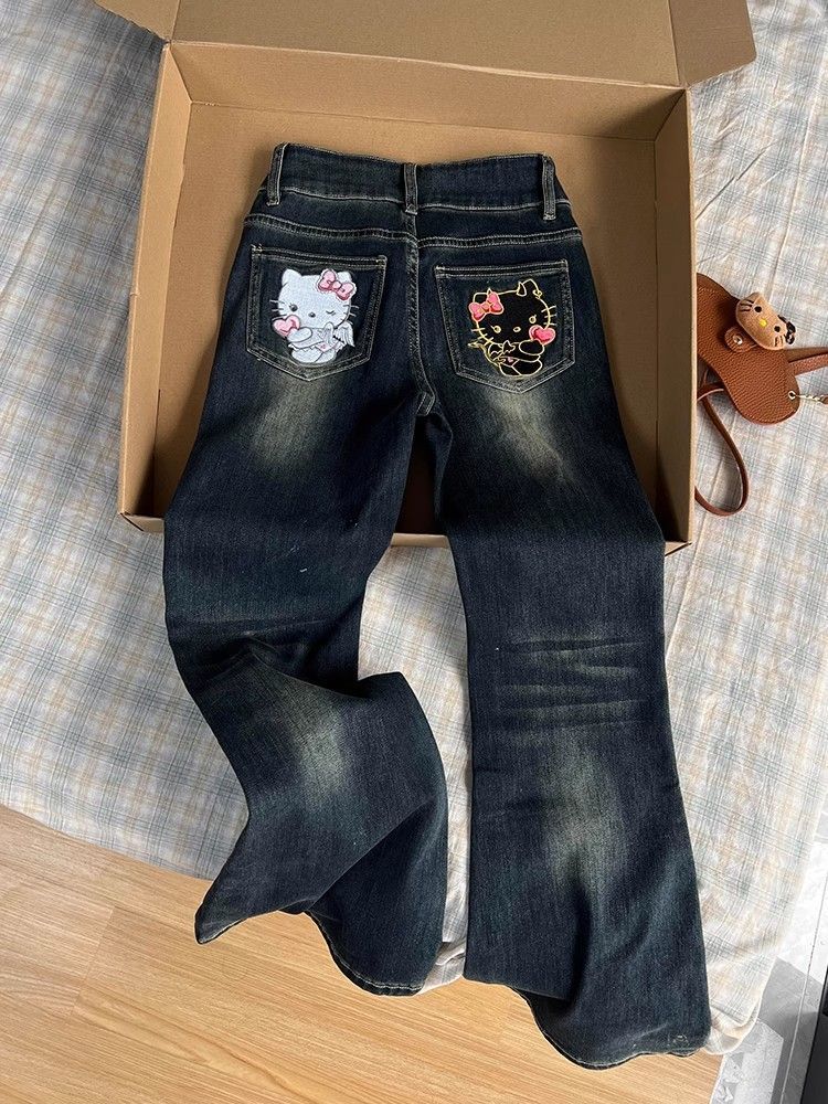 Vintage Kitty Embroidered Denim Pants