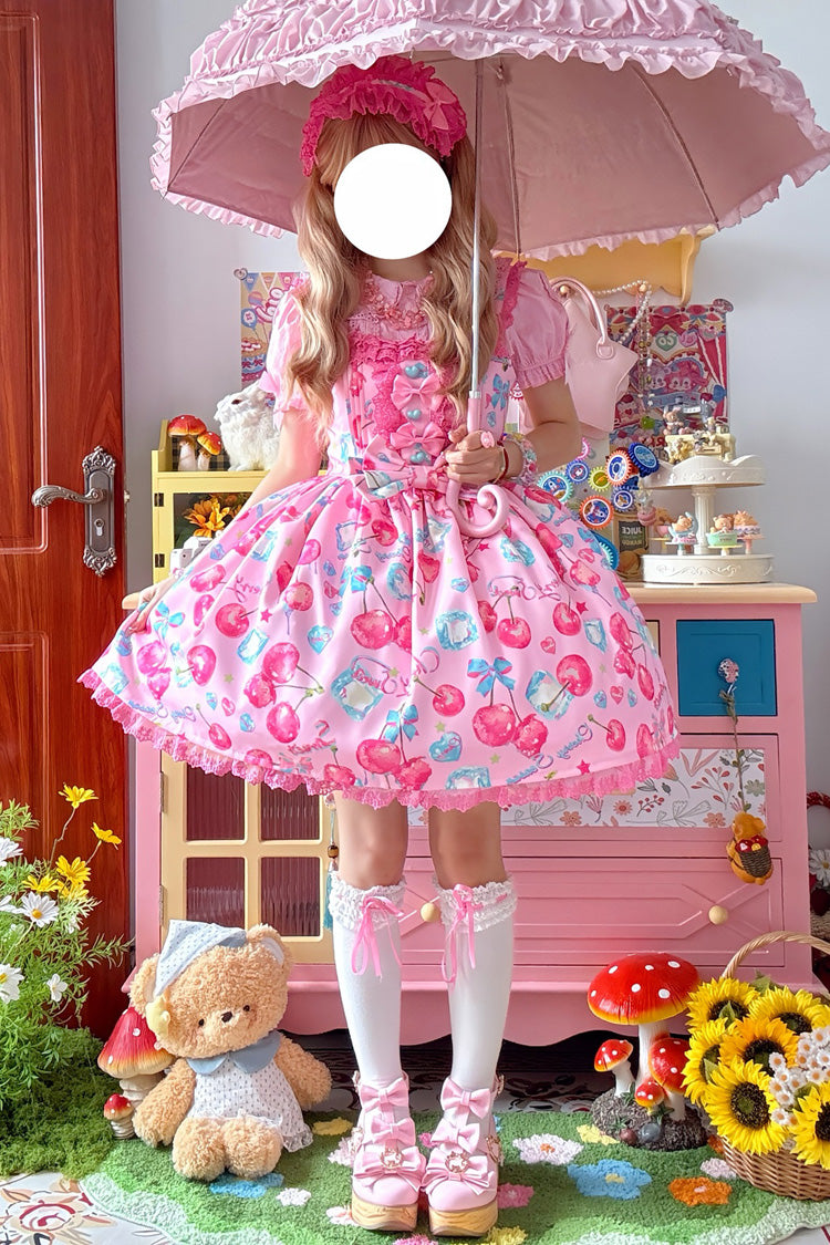 Cherry Sweet Ice Print Ruffle Bow Lace Lolita JSK