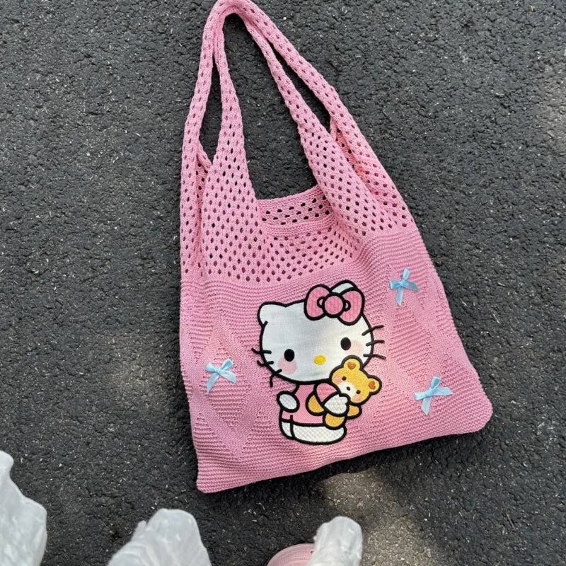 Pink Kitty Milk Blue Bow Knitted Tote Bag KI535