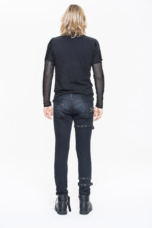 Men's Punk T-Shirt with Knitted Diamond Mesh and Ribbon Accents