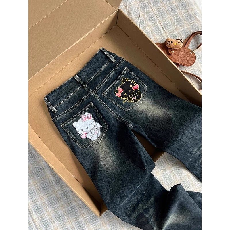 Vintage Kitty Embroidered Denim Pants