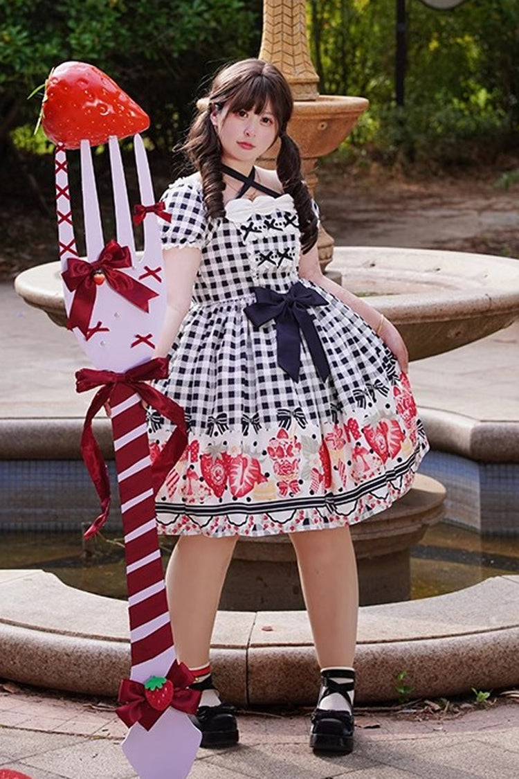Strawberry-Plaid Sweet Lolita Dress with Bow Accents
