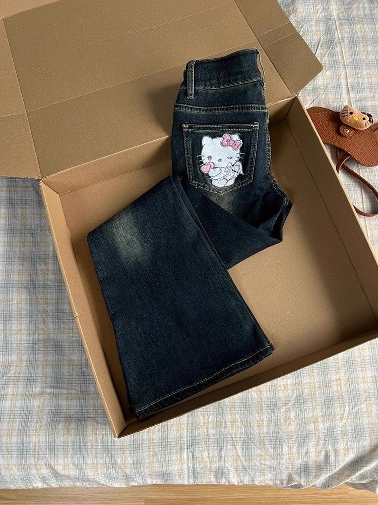 Vintage Kitty Embroidered Denim Pants