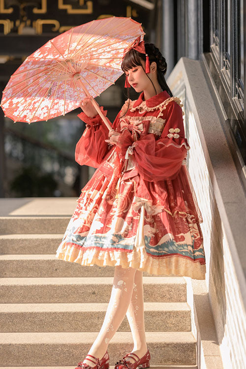 Crimson Lapel Wave-Print Bow Lace Ruffle Sweet Lolita Dress