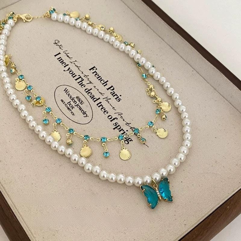 Boho Layered Butterfly Rhinestone Shell Tassel Pearl Necklace