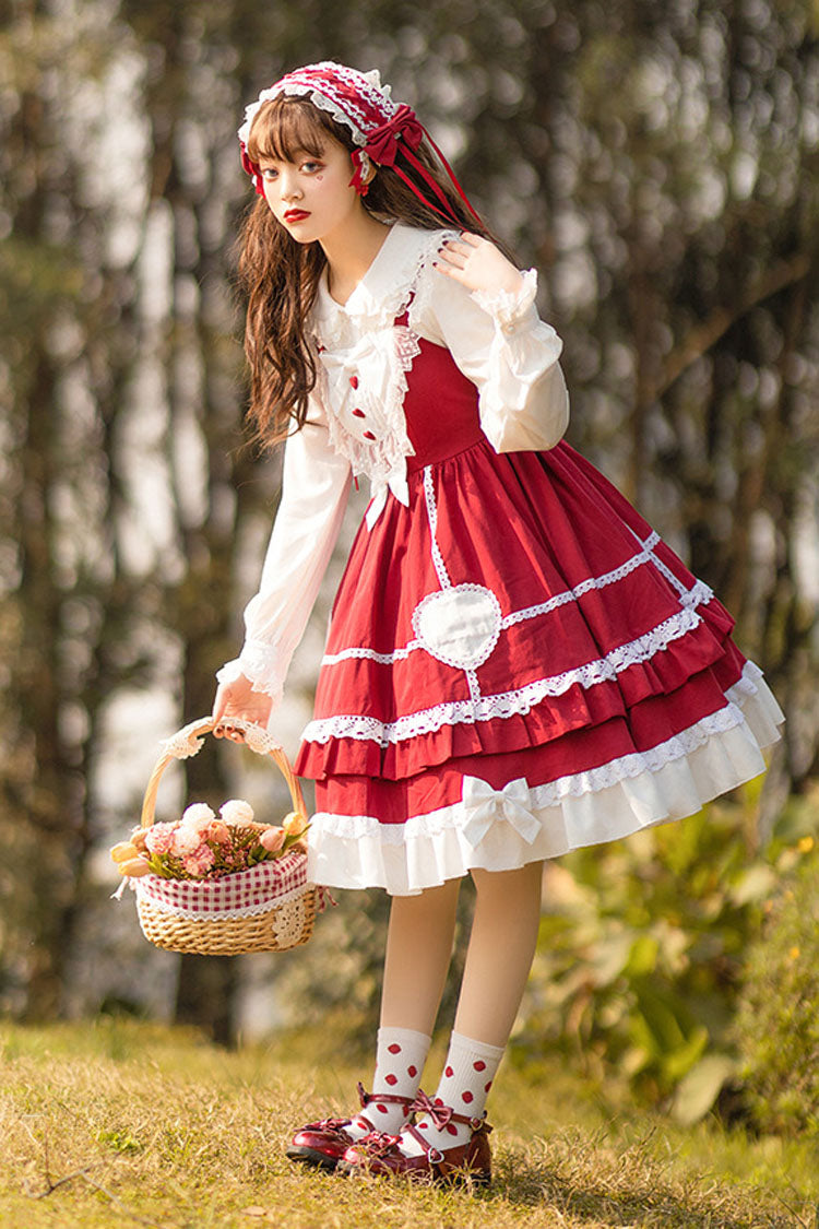 Burgundy Bow-Trimmed High-Waist Lace Sweet Lolita Jumper