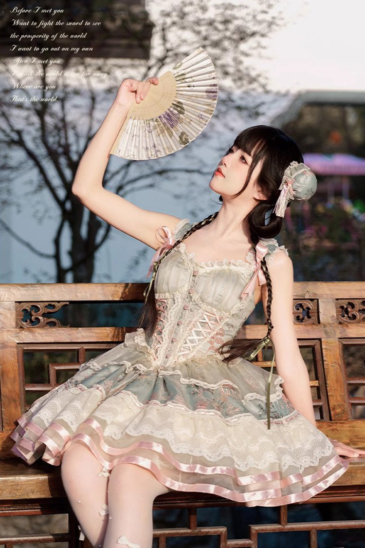 Emerald Waltz Multi-Layer Print Ruffle Bow Sweet Chinese Elegant Lolita Jumper