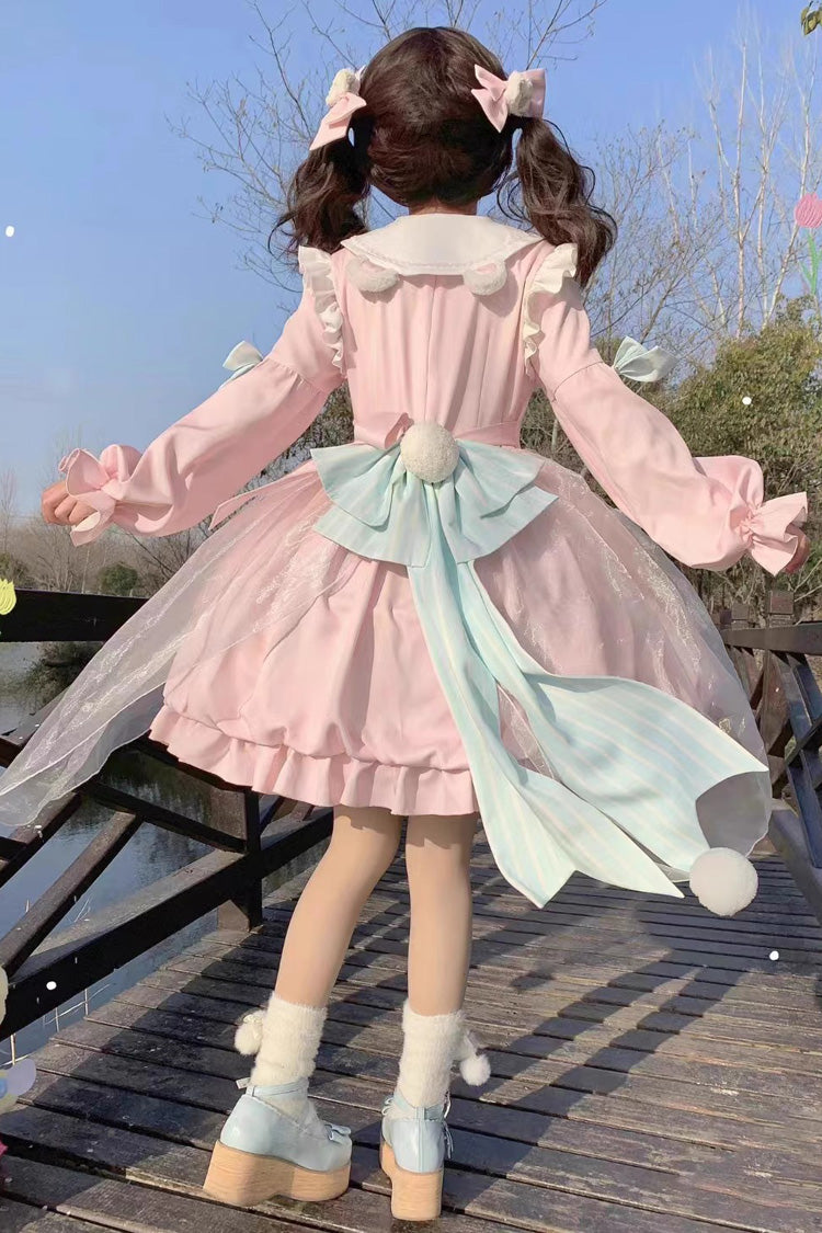 Sweet Lolita Dress with Bear, Long Sleeves, High Waisted Ruffle Bowknot in 3 Colors