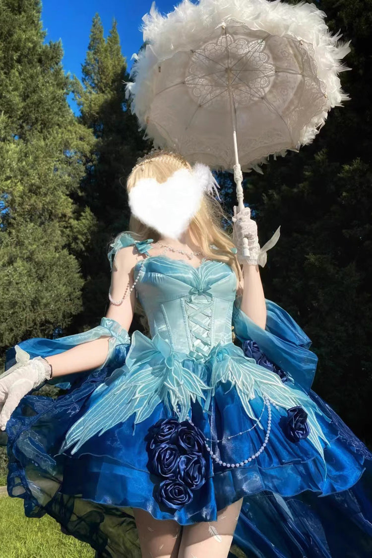 Swan Wonderland Embroidery Lace-Up Ballet Lolita JSK Dress in Blue
