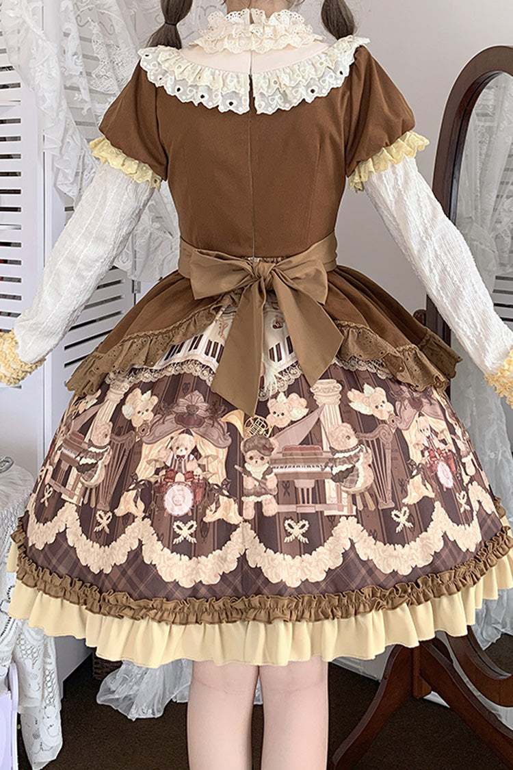 Chocolate Print Ruffle Bow Princess Dress - Little Bear Concerto
