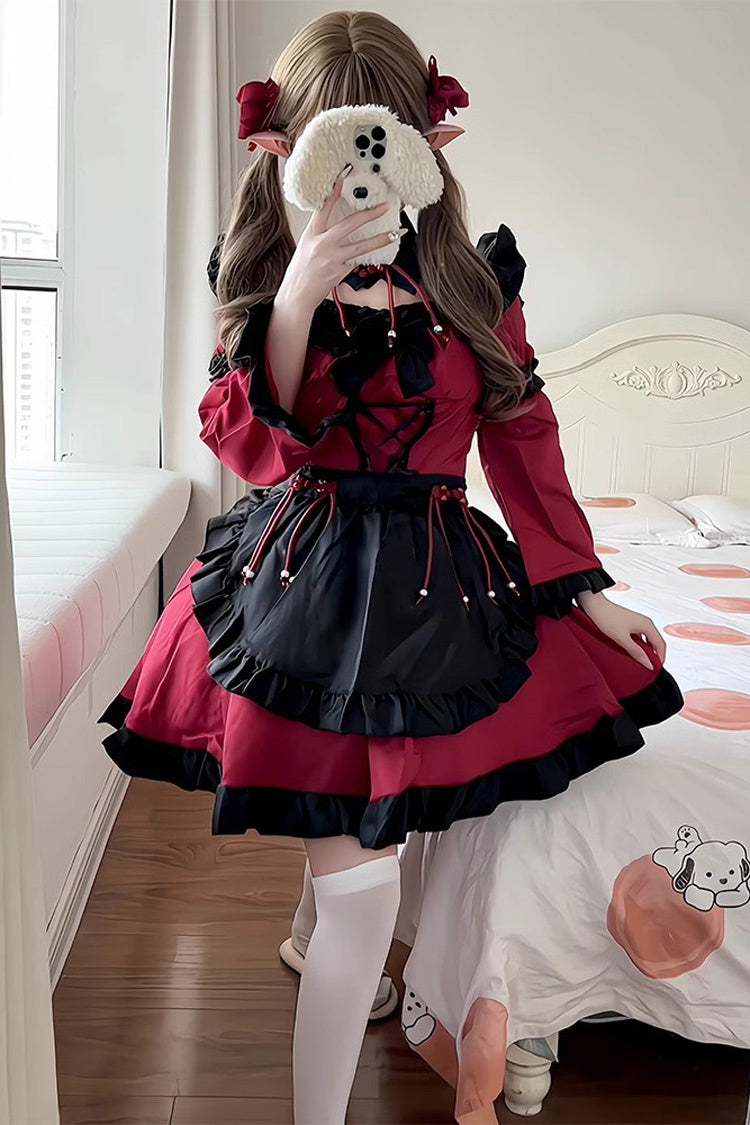 Crimson & Noir Maid Long Sleeve Ruffled Bow Gothic Lolita Full Outfit