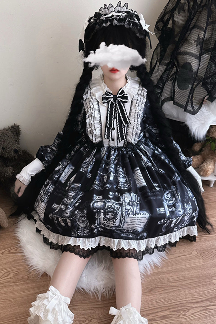 Print Long Sleeve Ruffle Bow Gothic Princess Dress - Antique Cat