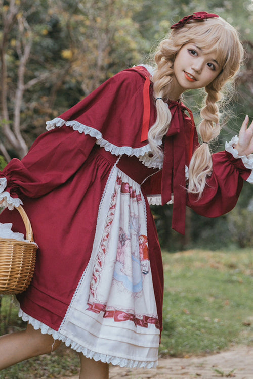 Crimson High-Waist JSK with Hooded Cape and Bow Accents
