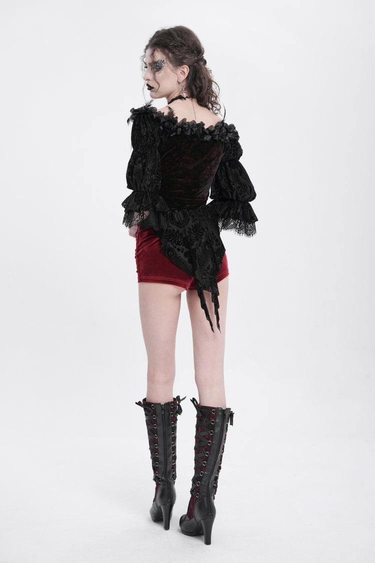 Crimson Gothic Blouse with Ruffled Sleeves and Lace-Up Front
