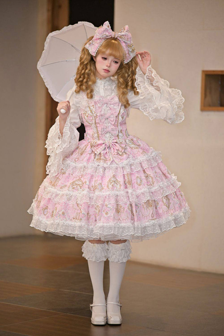 Candelabrum Elegy Sleeveless Triple-Layer Flower Print Ruffle Bow Lace Lolita JSK