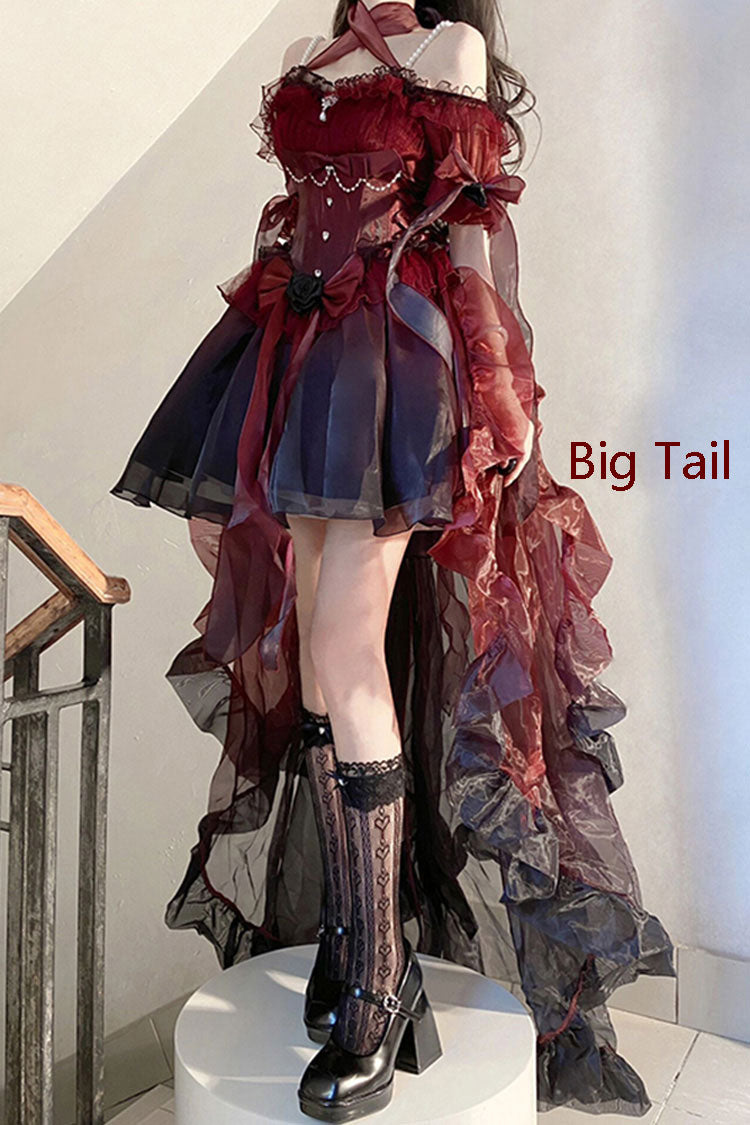 Burgundy Midsummer Dream Short Sleeve Ruffle Hanayome Off-Shoulder Gothic Mini Lolita Dress