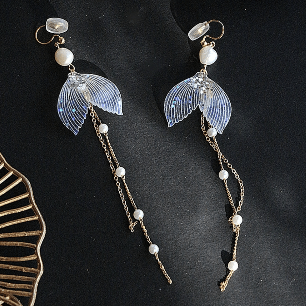 Gold Mermaid Tail Pearl Chain Tassel Ear Clip Earrings