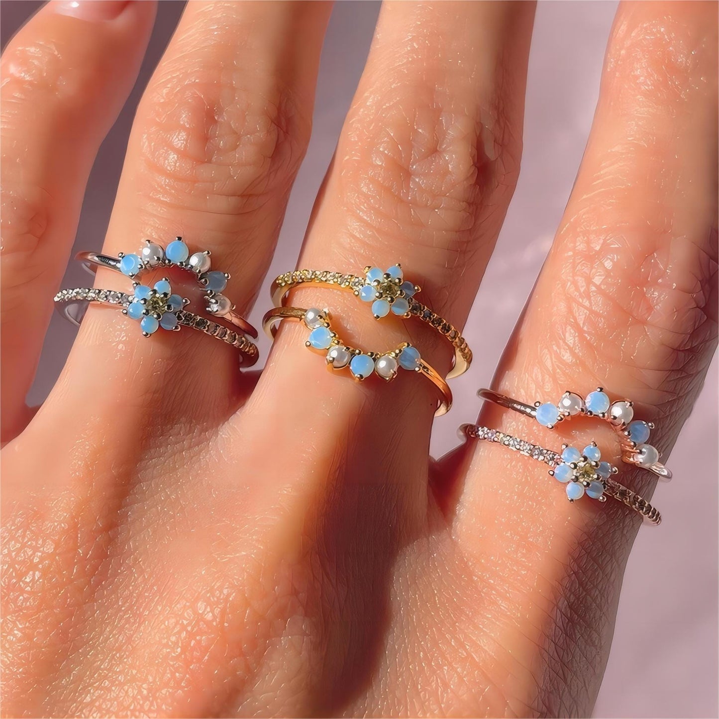 Ensemble de bagues assorties chic en cristal à motif floral, 2 pièces