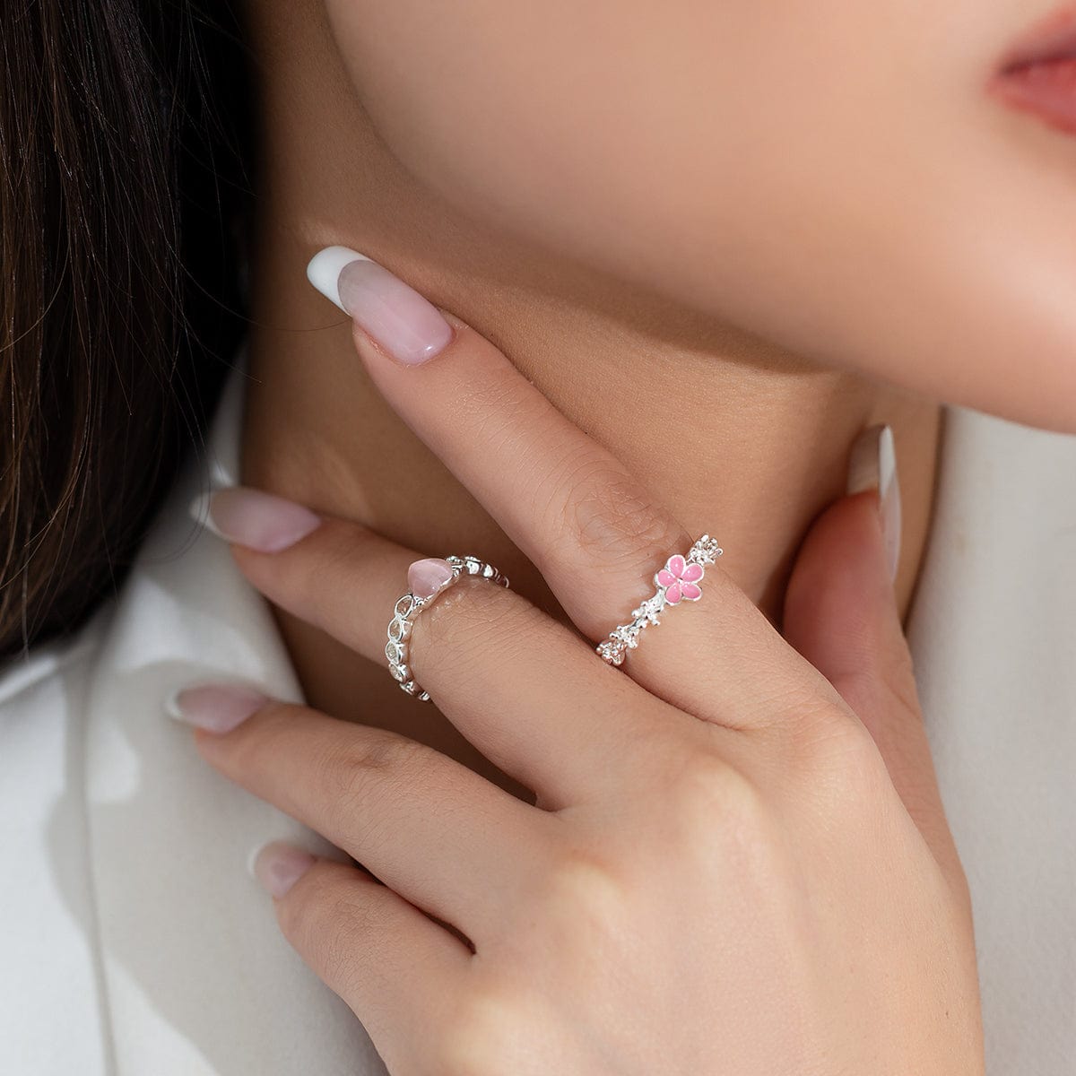 Chic Flower Opal Heart Ring Set