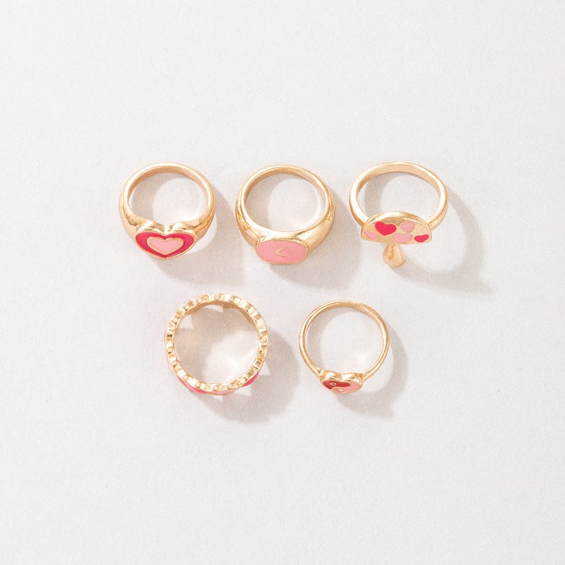 Ensemble de bagues chic en émail rose avec cœur, 5 pièces