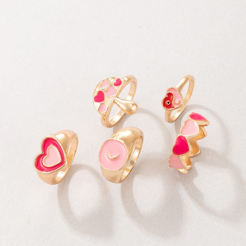 Ensemble de bagues chic en émail rose avec cœur, 5 pièces