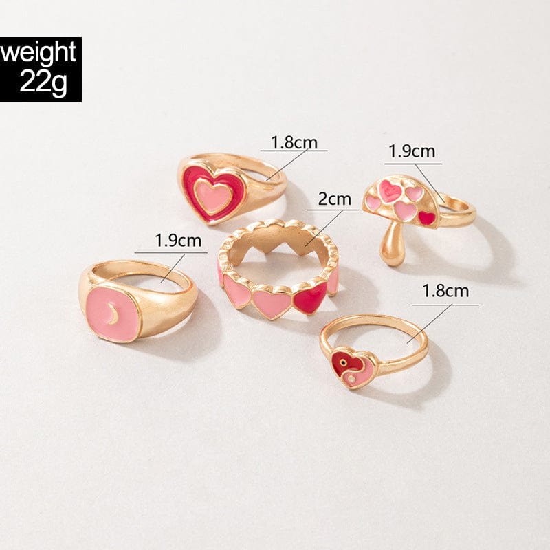 Ensemble de bagues chic en émail rose avec cœur, 5 pièces