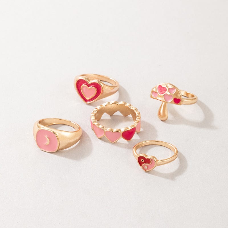 Ensemble de bagues chic en émail rose avec cœur, 5 pièces