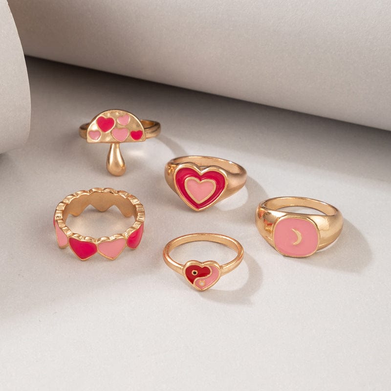 Ensemble de bagues chic en émail rose avec cœur, 5 pièces