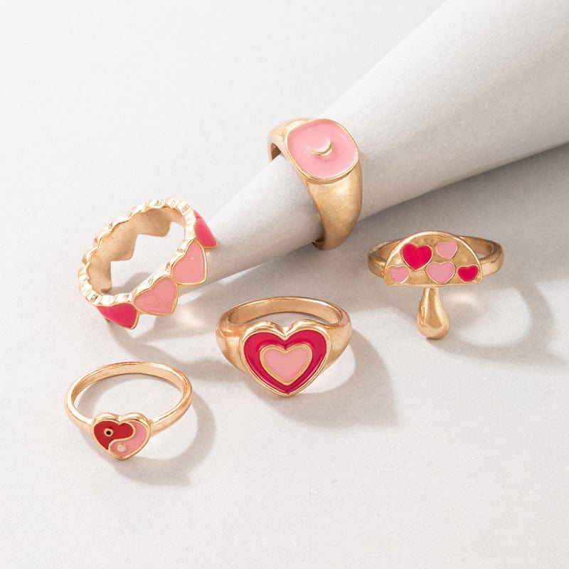 Ensemble de bagues chic en émail rose avec cœur, 5 pièces