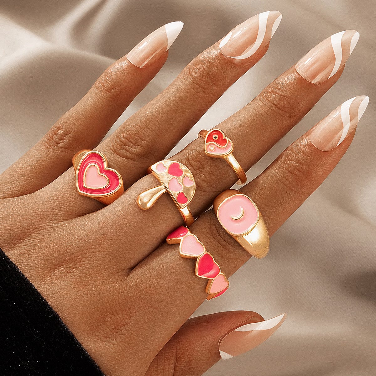 Ensemble de bagues chic en émail rose avec cœur, 5 pièces