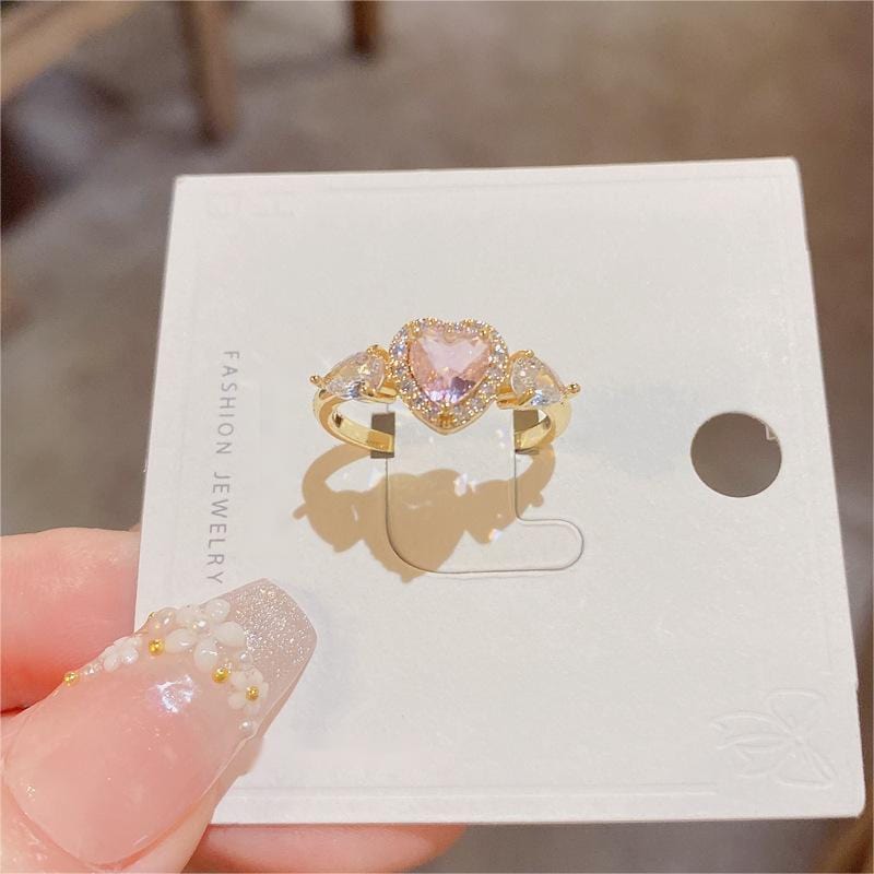 Bague en forme de cœur avec ailes d'ange en cristal rose ajustable
