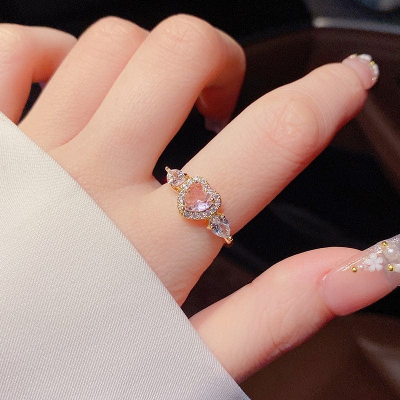 Bague en forme de cœur avec ailes d'ange en cristal rose ajustable