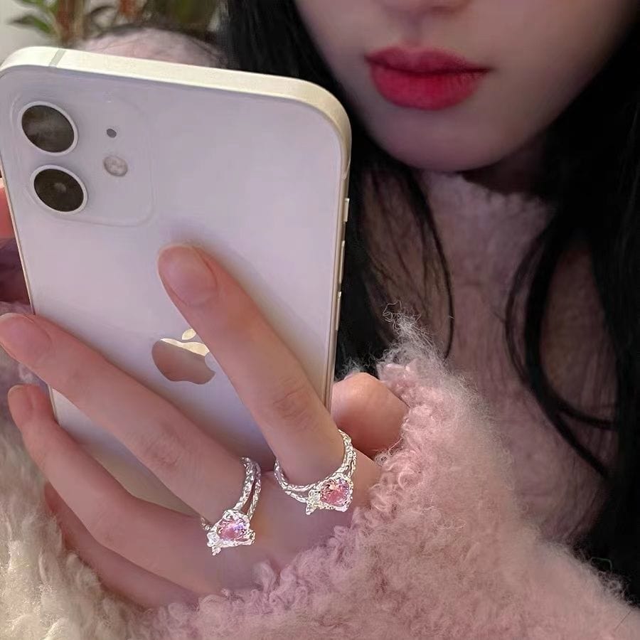Chic Adjustable Pink Crystal Heart Ring